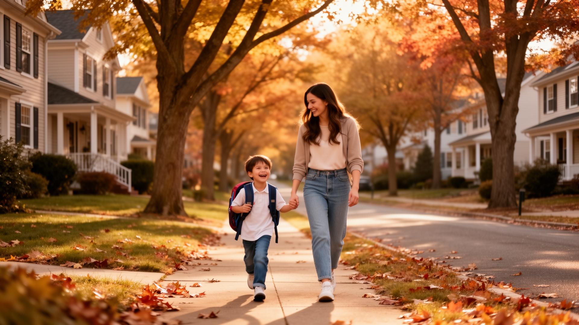 A friendly sitter walking a child home from school down a tree-lined New Jersey suburban street